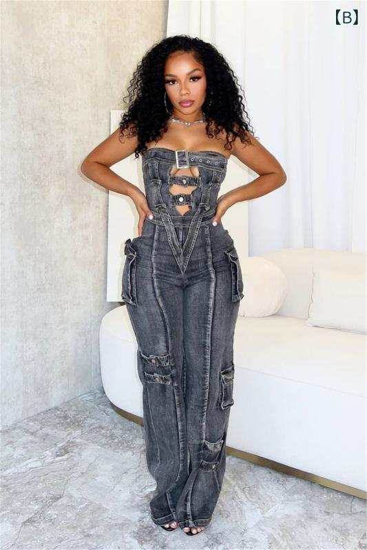 オーバーオール レディース デニム オールインワン ストリート カジュアル 長袖 ワークパンツ ズボン ジーパン サロペット ライトブルー ブラック