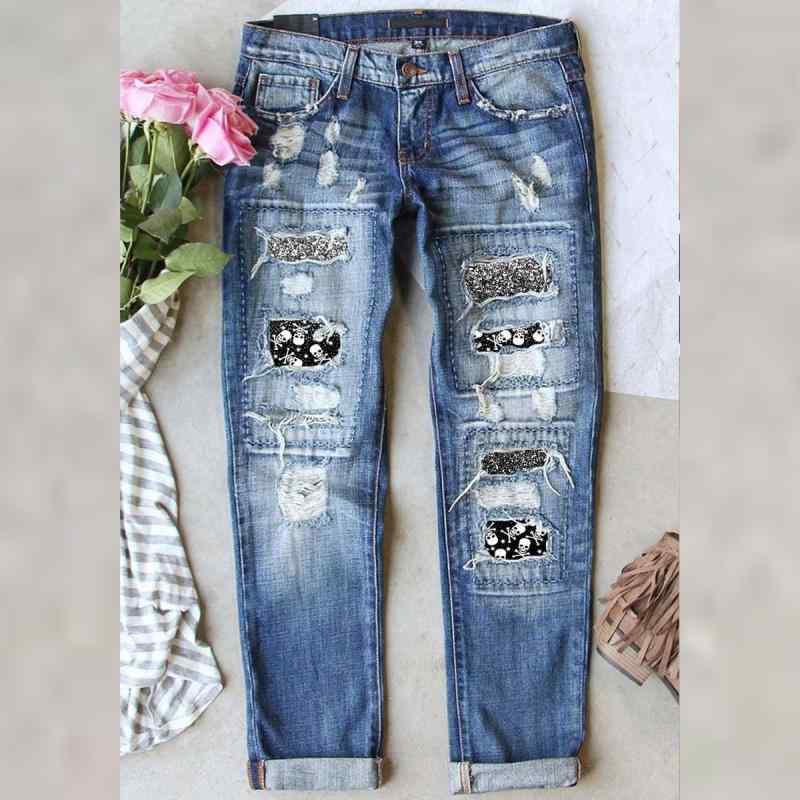 デニム レディース ストレート 中腰 ウォッシュ加工 ジーンズ ジーパン スカルプリント アメカジ スト..