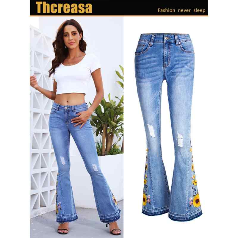 ジーンズ レディース 3D刺繡 デニムパンツ ジーパン Gパン 微フレア ミドルウエスト ロングパンツ 風 ストリート ウォッシュ加工 カジュアル スタイル