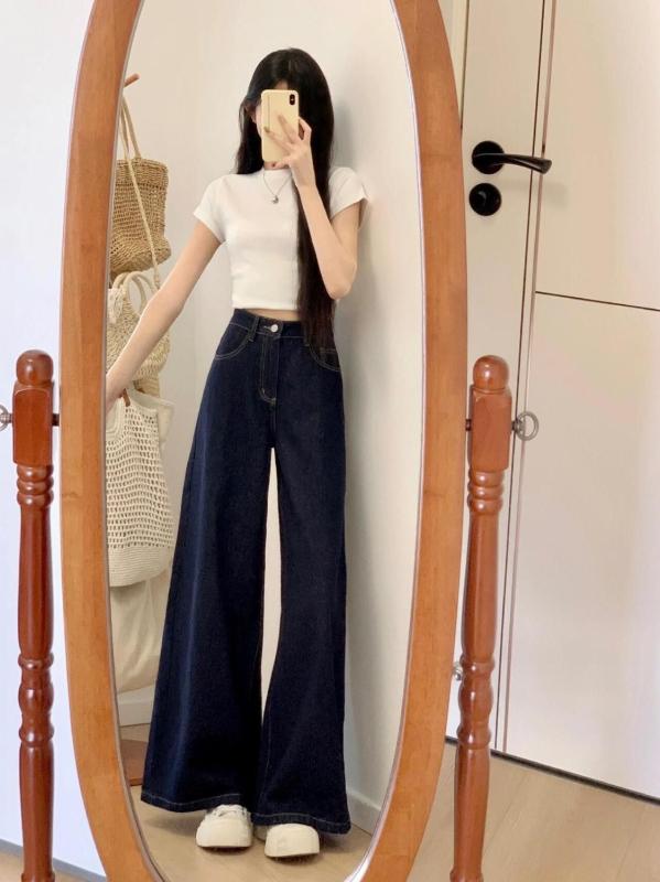 デニム レディース 高腰 ワイドレッグ ジーンズ ゆったり ストレートパンツ 体型カバー 着痩せ効果 ウォッシュ加工 ジーパン カジュアル 深青 デニムパンツ 綿 ポリエステル 無地 シンプル 春夏