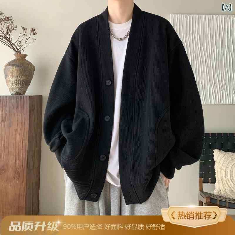 ブラック 和風 スタイル ジャケット メンズな ワッフル Vネックニットカーディガン カップル 春秋.カラ..