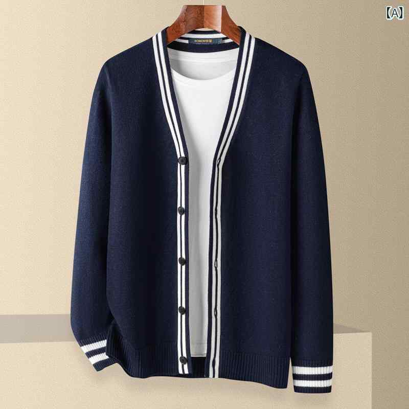 冬 カレッジ スタイル カジュアル ホワイトストライプ コントラストカラー 厚手 ニット ボタンカーディ..