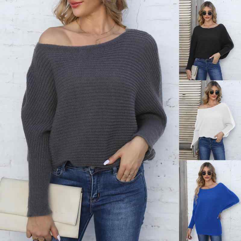 Long-Sleeved Knit - ニット レディース 秋冬 プルオーバー セーター 鹿の子編み 暖かい トップス 長袖 ドロップショルダー ゆったり 体型カバー カジュアル きれいめ エレガント グレー 白 黒 青