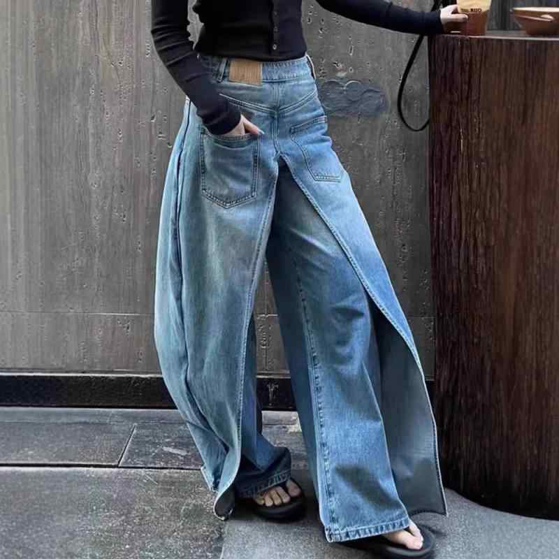 ジーンズ レディース Y2K デニム ワイド ストレート ゆったり 古着風 切り替え ダメージ加工 黒 春 普段使い