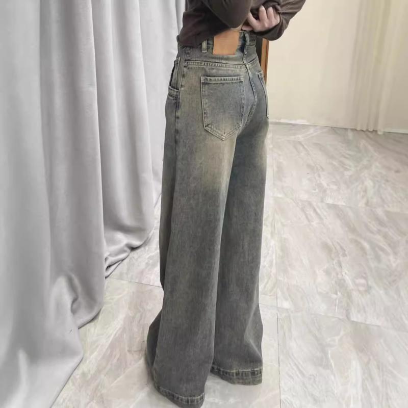 デニム レディース デニムパンツ ジーンズ ワイドレッグパンツ ハイウエスト ゆったり ストレート ジーパン ロングパンツ 青 ブルー M ..