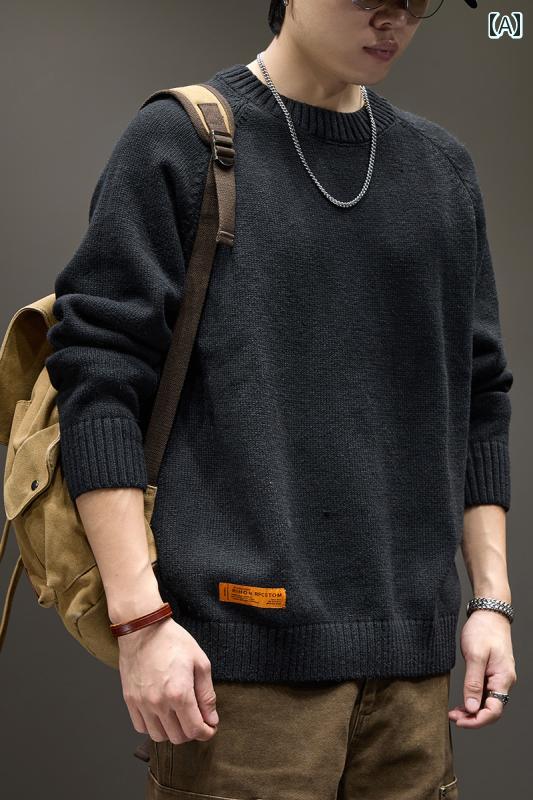 メンズ アメリカン レトロ クルー ネック セーター リラックス タイル ニット ベース レイヤー 秋冬 ゆったり 厚手 コート.オシャレ