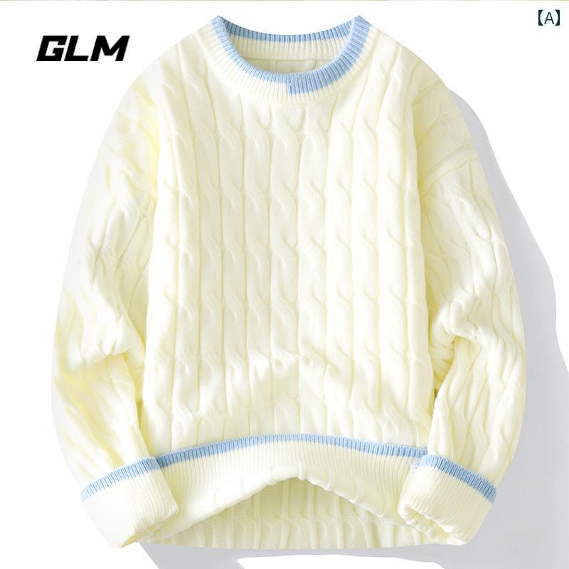 クルー ネック メンズ スタイル カジュアル ツイスト 厚手 フェイクツーピース 重ね着風 GLM セーター ニットウェア.オシャレ