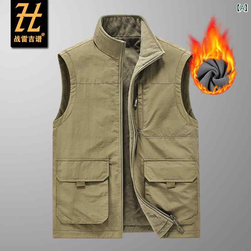 リバーシブル メンズ スポーツ＆ アウトドア ベスト 複数の ポケット 付き フリース 裏地 プラスサイズ 秋冬 スタイル.オシャレ