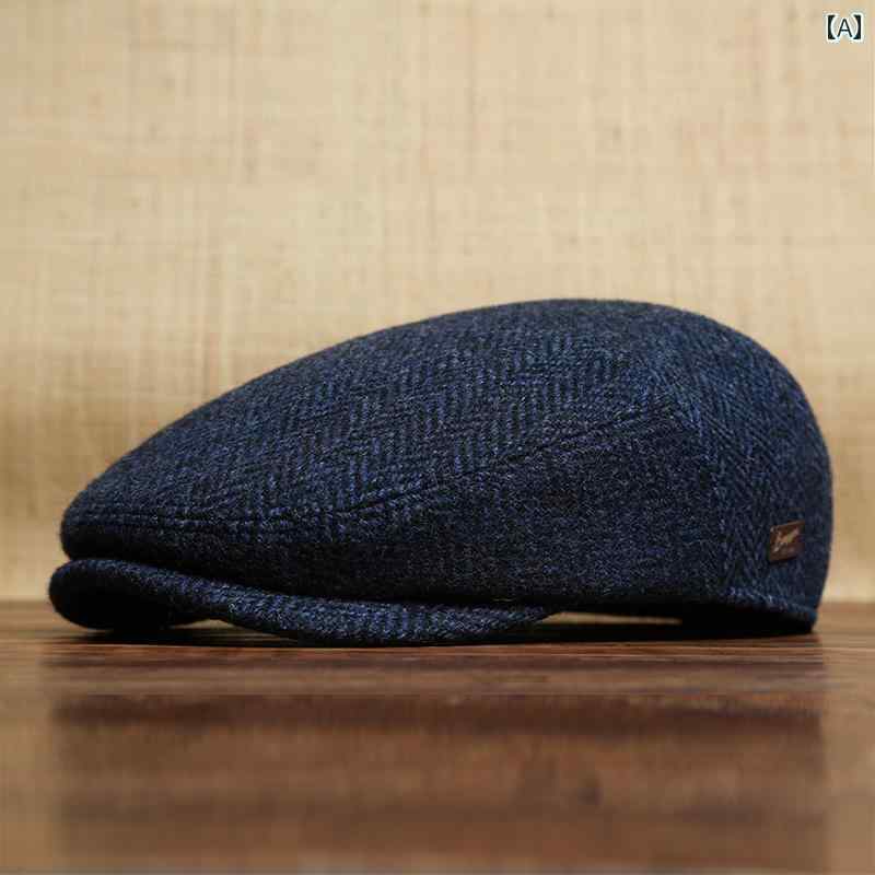 ウールツイード キャップ 男性用 秋用 帽子 冬用 防寒 暖かい メンズ 無地 シンプル ハンチング おしゃ..