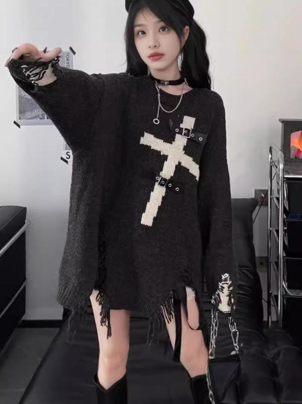 セーター レディース パンクスタイル 十字架 ダメージ加工 レトロ ニット 幾何学柄 ゆったり トップス 街頭風 秋冬 ウール