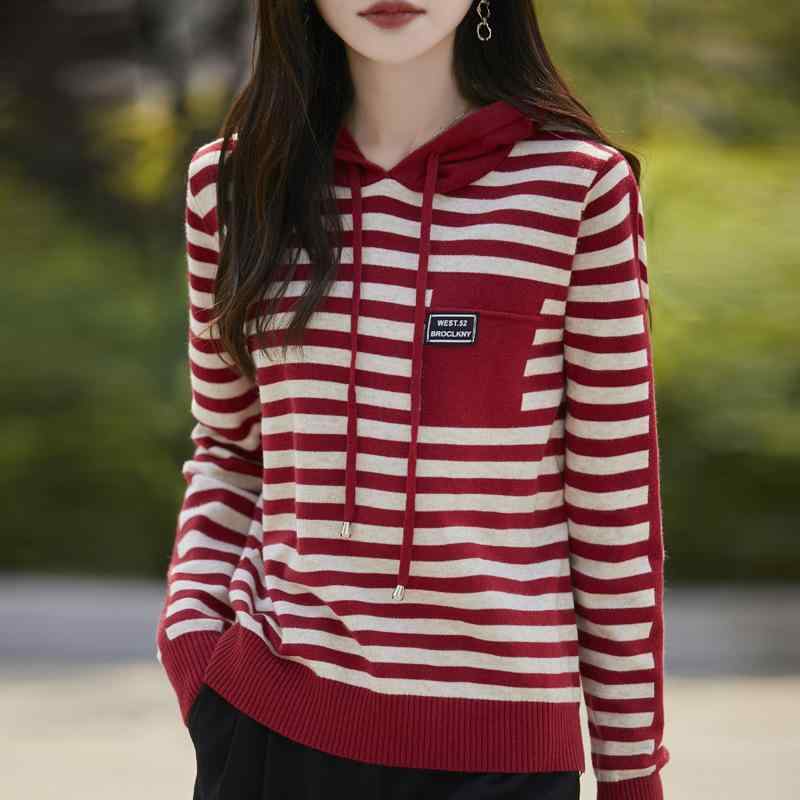 ニット レディース 韓国 ボーダー柄 パーカー ニット トップス 長袖 プルオーバー ゆったり カジュアル 日韓スタイル 象グレー 藏藍色 コーヒー色 グレー 赤 黒(4)