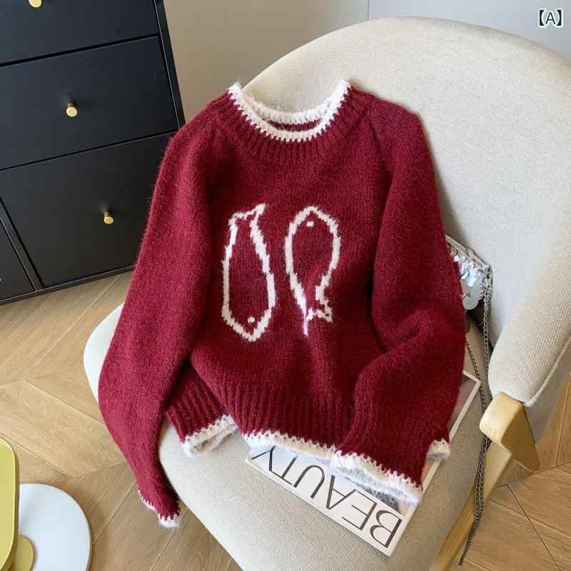 ニット レディース 韓国 配色 ラウンドネック レトロ 刺繍 プルオーバー ゆったり ショート丈 トップス 長袖 秋冬 あったか 通勤 普段使い かわいい linears-10552079 LINEAR shop サンプル画像2