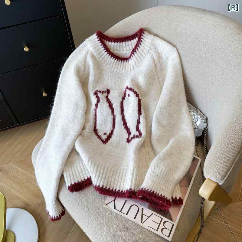 ニット レディース 韓国 配色 ラウンドネック レトロ 刺繍 プルオーバー ゆったり ショート丈 トップス 長袖 秋冬 あったか 通勤 普段使い かわいい linears-10552079 LINEAR shop サンプル画像3