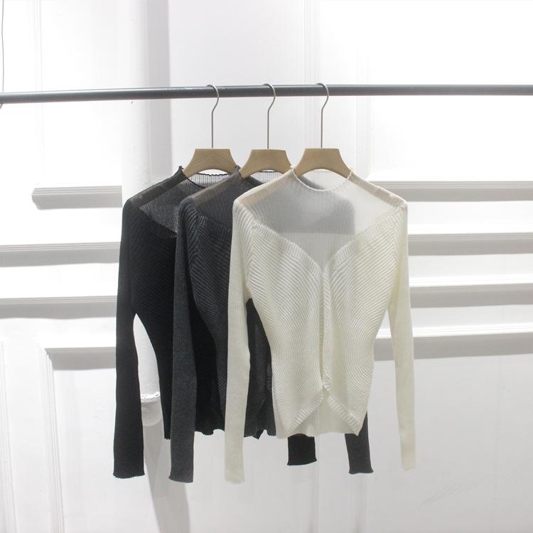 ニット レディース 秋冬 半ハイネック ウール セーター チュニック メッシュ 切り替え スリム 薄手 長袖 トップス プルオーバー カットソー フェミニン かわいい エレガント お洒落着