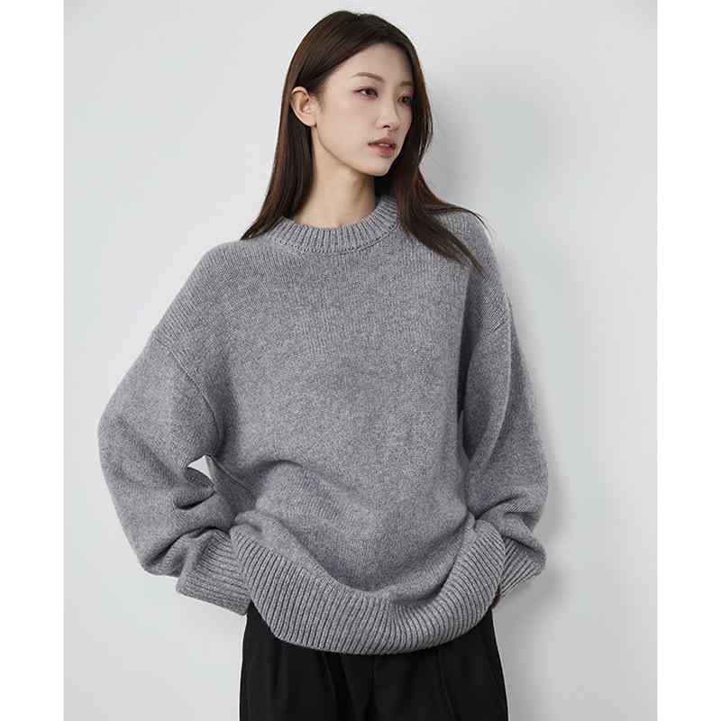 ニット レディース セーター 秋冬 ウール 厚手 ゆったり ラウンドネック ドロップショルダー プルオーバー チュニック丈 暖かい 普段使い 通勤着 オフィス カジュアル ウェア トップス 女性用 ミルクホワイト レッド グレー チョコレート ネイビー