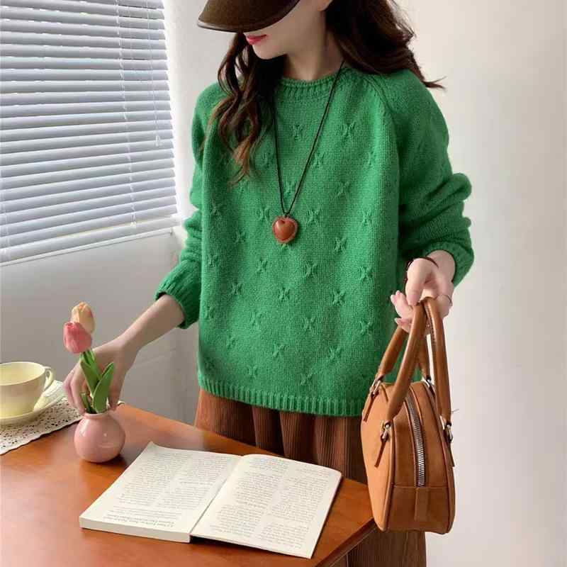 Long-Sleeved Knit - ニット レディース 秋冬 プルオーバー ゆったり レトロ 丸首 鉤針編み セーター ミルキーホワイト グレー レッド グリーン オレンジ 長袖 ドロップショルダー 普段使い 韓国1