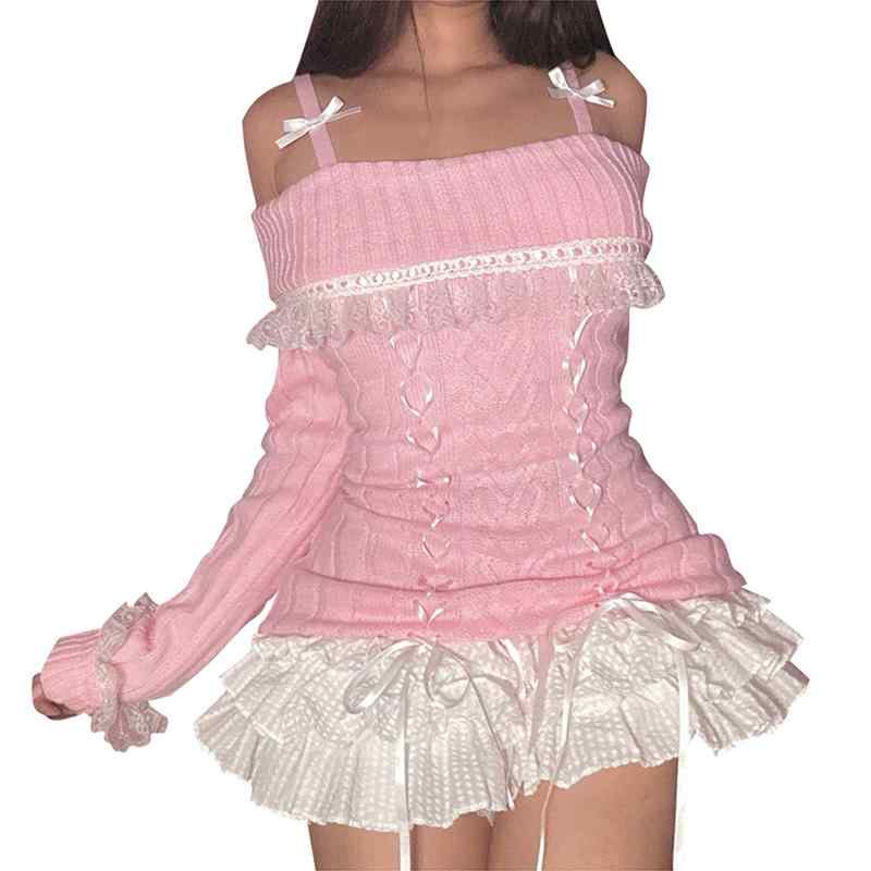 ニット レディース 春秋 一文字肩 レース 伸縮性 長袖 トップス 街頭風 かわいい セーター カットソー