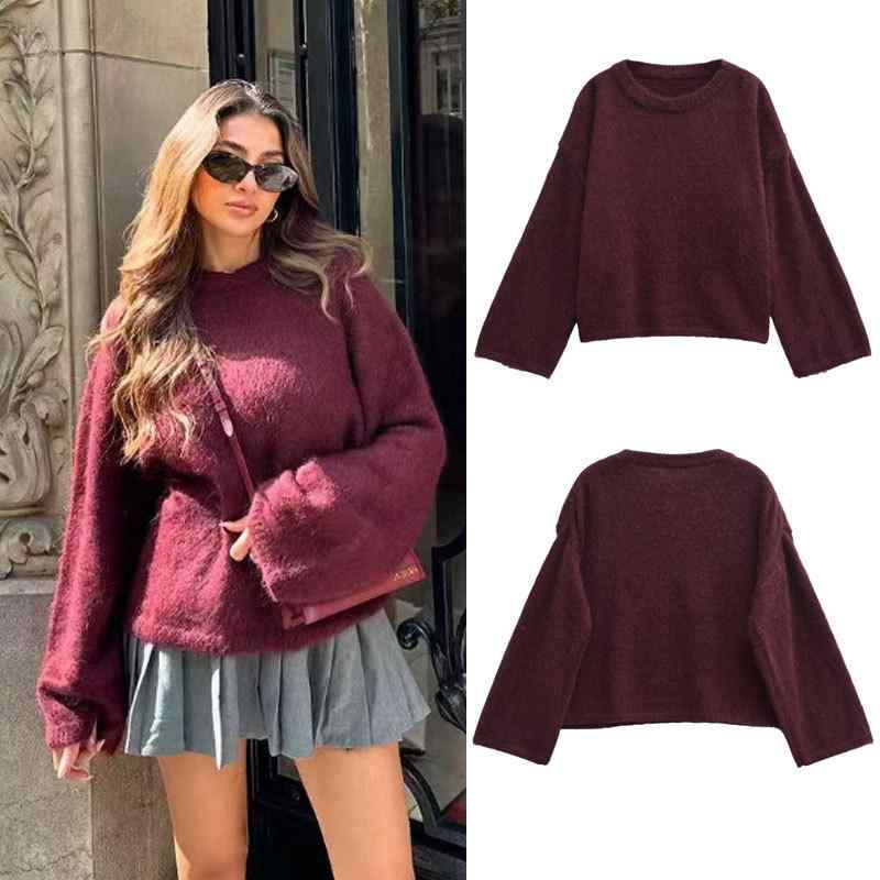 Long-Sleeved Knit - ニット・セーター レディース 秋冬 ゆったり ラウンドネック オーバーサイズ 長袖 ドロップショルダー 赤 混紡 普段使い 韓国