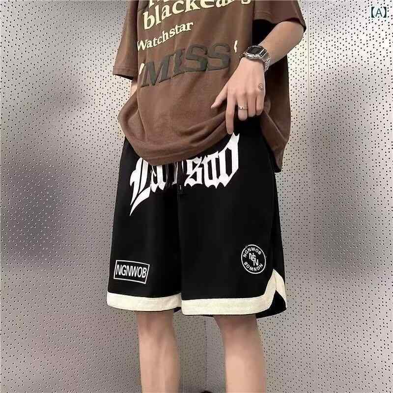 Rakuten - ハーフパンツ 男性用 アメカジ ヒップホップ ストリート プリント 接触冷感 イージーパンツ ルームウェア 部屋着 黒 カーキ 赤 ポリエステル