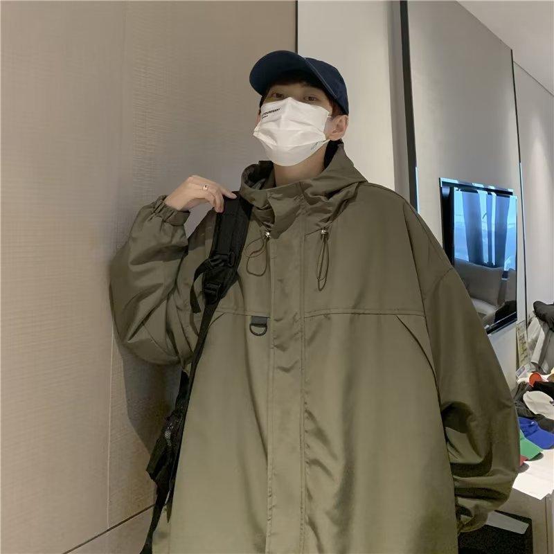 マウンテンパーカー メンズ 春秋 Vネック 港風 レトロ 配色 フード付き ジャケット ゆったり 無地 黒 緑