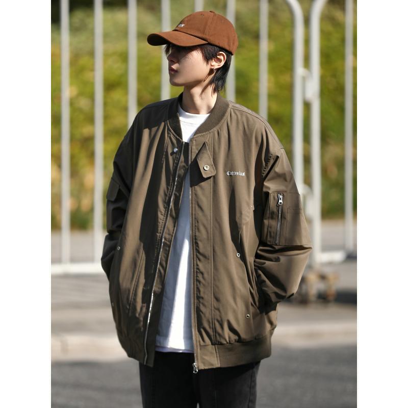 Rakuten - ジャケット 男性用 春秋 高 Street vibe アメリカン レトロ ブルゾン カップル ルーズ ワークウェア 野球服 立襟 サイドポケット ブラック グレー グリーン