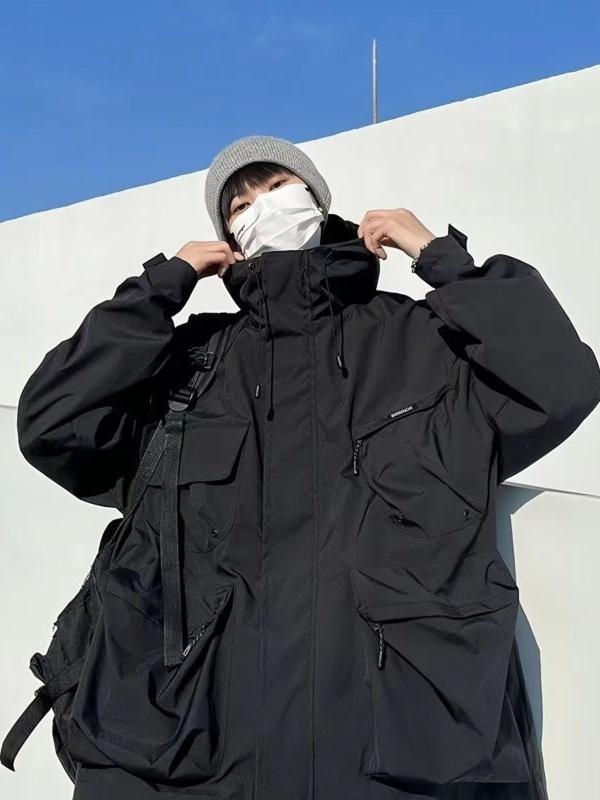 Rakuten - ジャケット 男性用 秋物 防水 防風 ゆったり ワーク トップス ストリート スポーツ フード付き アウター ブラック グリーン ポリエステル
