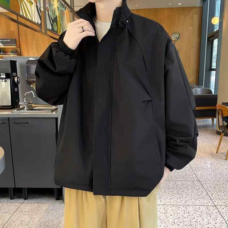 Other - ジャケット メンズ 男性用 春秋 アウター ブルゾン ジャンパー カジュアル ワーク ウェア ルーズ 無地 スタンドカラー ブラック グレー