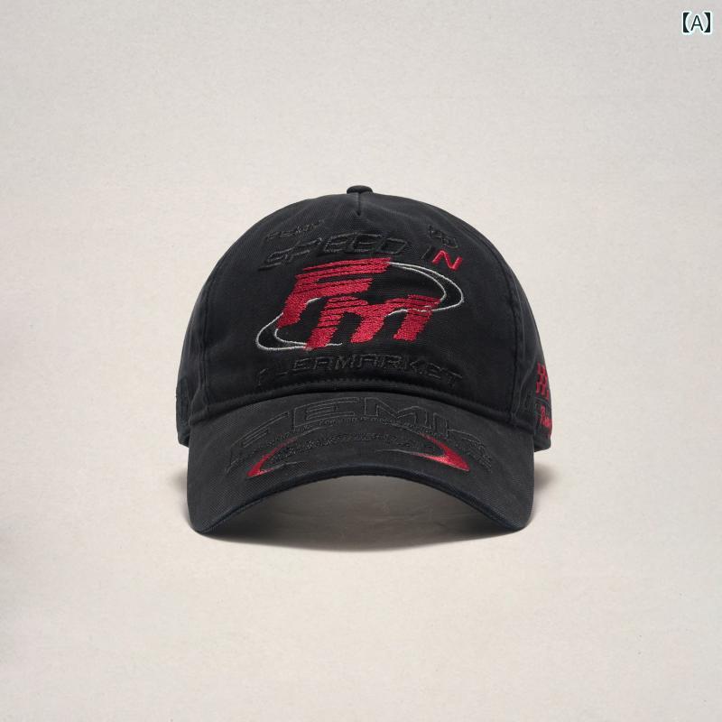 刺繍 アメリカン レトロ 野球帽 深いつば ダーク ストリート レーシングバイク キャップ ブラック ロゴ..