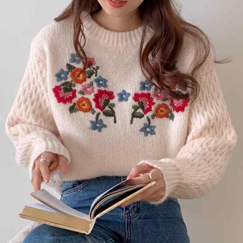 ニット レディース 丸首 長袖 プルオーバー 花柄 刺繍 トップス ゆったり かわいい ドロップショルダー バルーンスリーブ 黒 ブラック ベージュ