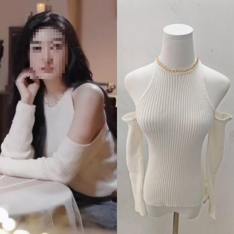 ニット レディース トップス 長袖 ラウンドネック チェーン 肩出し 春秋冬 きれいめ おしゃれ かわいい 大人 カジュアル 通勤 オフィス