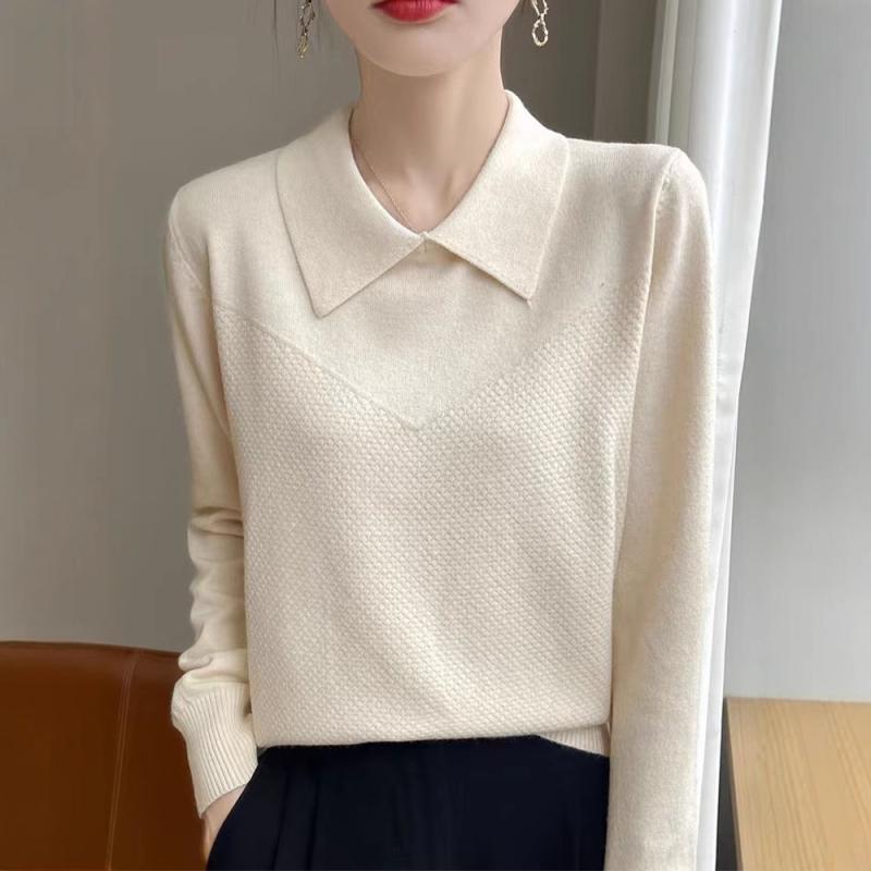 Three-Quarter Knit - ニット レディース 秋冬 POLOネック プルオーバー セーター ゆったり 長袖 トップス ミドルゲージ 日韓 カジュアル あったか 通勤 普段使い ベージュ キャメル ホワイト ブラック レッド