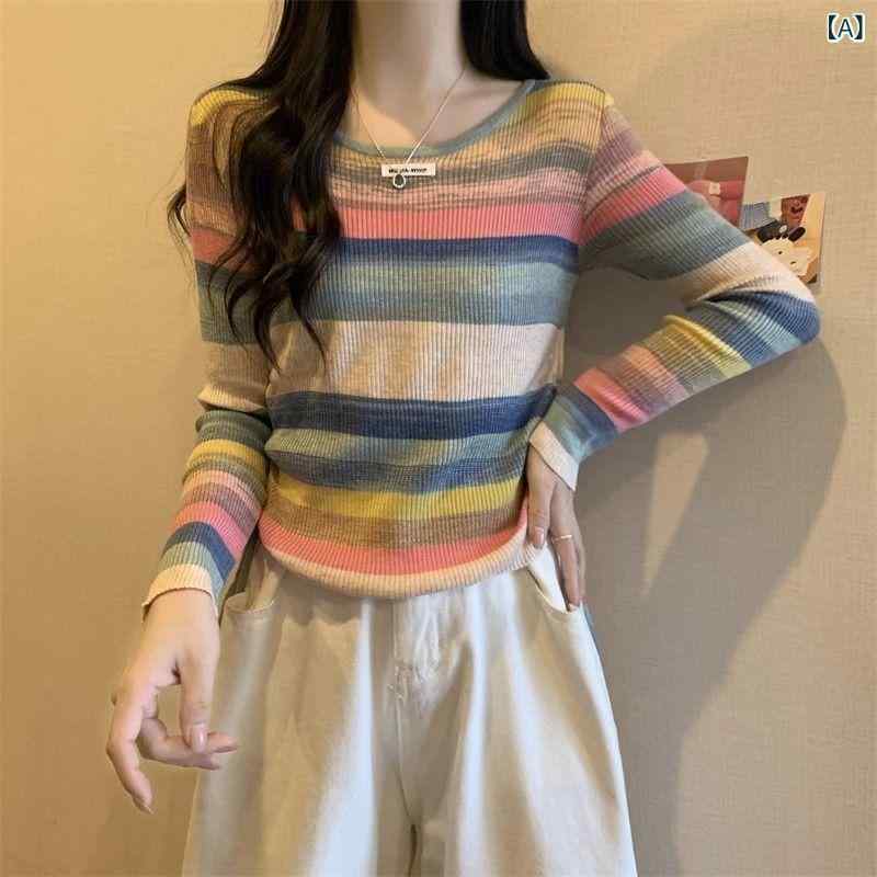 ニット レディース 羊毛 長袖 ストライプ トップス プルオーバー 接触冷感 ゆったり かわいい ブルー ピンク系 イエロー グリーン S M L XL 通勤 普段使い