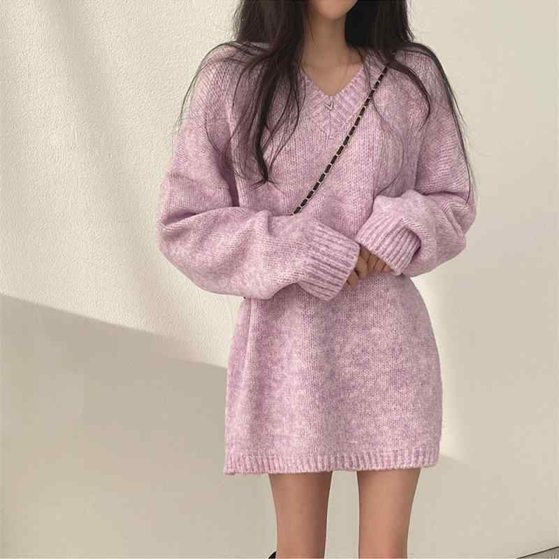 ニット レディース 韓国 Vネック チュニック ゆったり 体型カバー ドロップショルダー ランタンスリーブ 秋冬 かわいい 接触冷感 リラックス ウェア 部屋着 普段使い