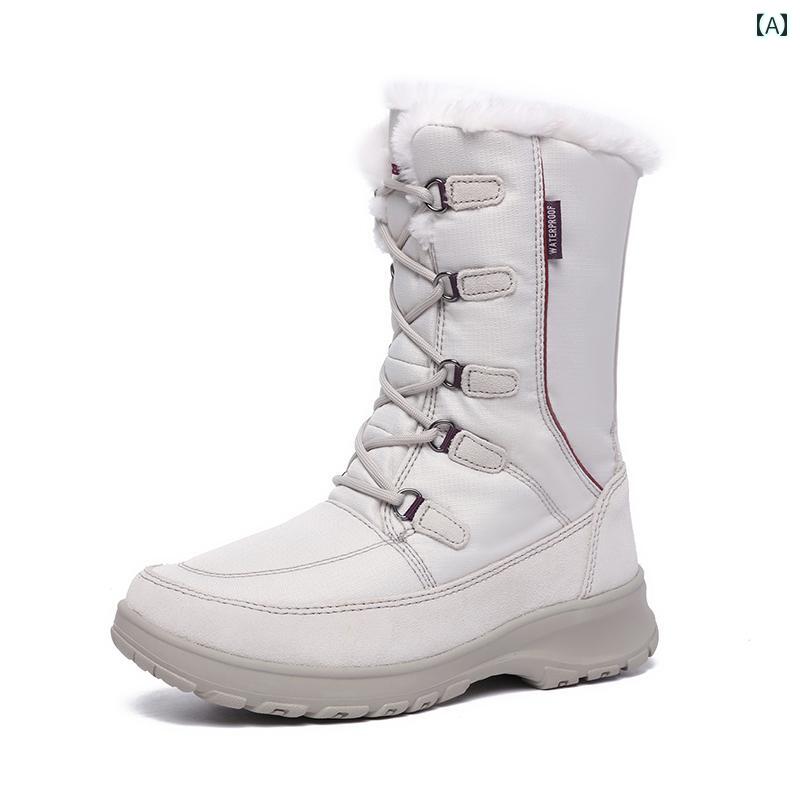 中国 北東 部の レディース アウトドア スノーブーツ： 防水 滑り止め ふくらはぎ 丈 フリース 裏地 厚..