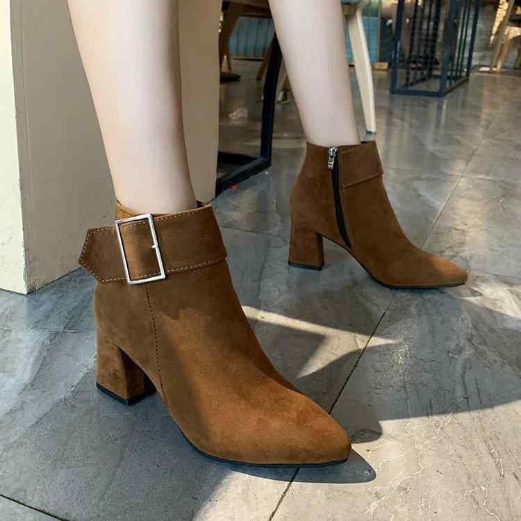 Women'S Shoes - ブーツ レディース 秋冬 ショートブーツ ポインテッドトゥ ハイヒール 太ヒール スエード調 ベルテッド カジュアル ローカット 婦人靴 ブラック ブラウン グレー