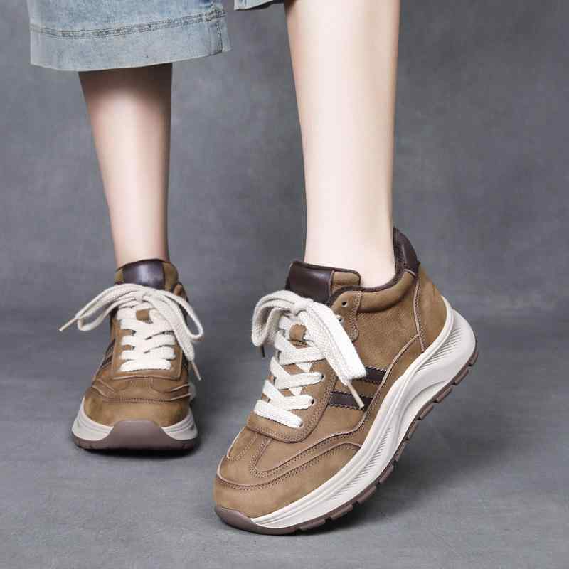 靴 レディース 婦人靴 革 レザー スニーカー 秋冬 ローカット 紐 履きやすい 疲れにくい 暖かい 防寒 フラットソール ぺたんこ靴 ラウンドトゥ カジュアル 普段使い カーキ ブラウン系