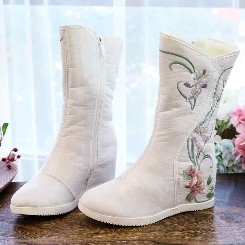 Other - 靴 レディース 刺繍 ミドル丈ブーツ 和風 古風 厚底 インヒール あったか 防寒 シューズ ラウンドトゥ サイドジップ カジュアル 普段使い オフホワイト ベージュ グレー