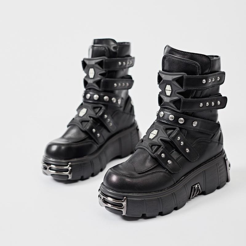 Women'S Shoes - ブーツ レディース 秋冬 厚底 ローカット パンク ショートブーツ メタル チャンキーヒール ラウンドトゥ 履きやすい 歩きやすい 痛くなりにくい 疲れにくい 黒 ゴシック ゴスロリ ロック カジュアル