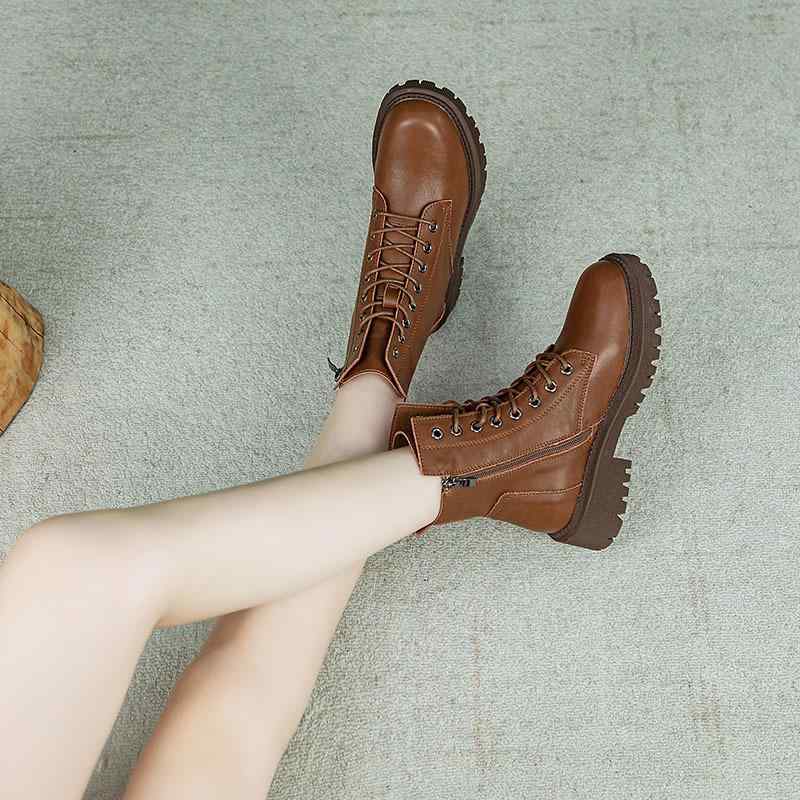 ブーツ レディース ショートブーツ 秋冬 革 厚底 レースアップ 英国風 ラウンドトゥ 女性用 ブラック ..