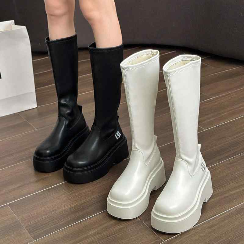 ブーツ レディース 厚底 ストレッチ ロングブーツ スタイルアップ 美脚 高筒 秋冬 防水 ラウンドトゥ カジュアル ブラック ホワイト系(4.0)