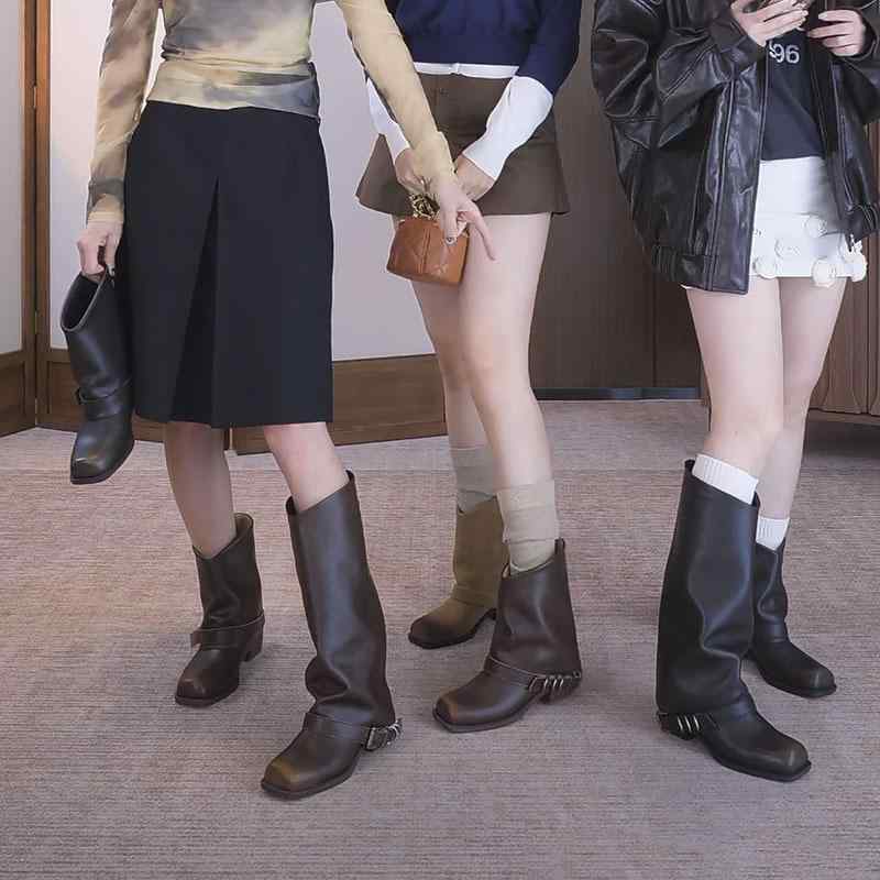 ブーツ 男性用 騎士ブーツ ウエスタンブーツ ミドル丈 45cmヒール 太ヒール スクエアトゥ チャンキーヒ..