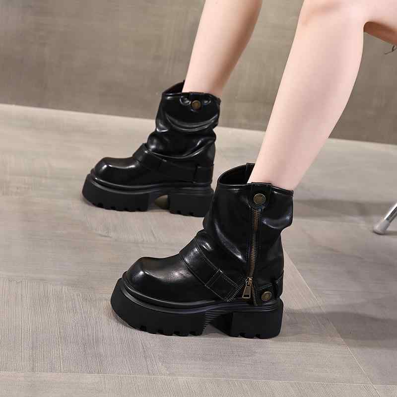 ブーツ レディース 厚底 ショートブーツ 女性用 高ヒール 8cm以上 防水 ラウンドトゥ スタイルアップ 美脚 脚長効果 婦人靴 シューズ 秋冬 黒 ブラック 茶色 ブラウン 無地(4)