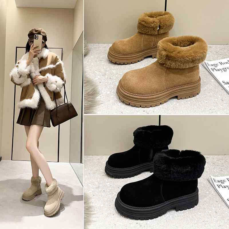 スノーブーツ レディース 厚底 真皮 リアルファー 秋冬 防寒 暖か 滑り止め付き サイドジップ 婦人靴 ラウンドトゥ カジュアル 普段使い ブラック 栗色 ベージュ系