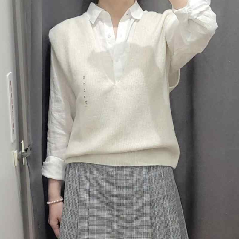 レディース ニットベスト Vネック 格子柄 トップス 重ね着風 ゆったり かわいい 秋冬 乳白 ダークグレー オリーブ S M L XL