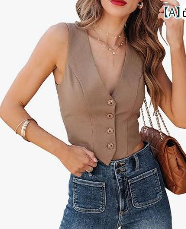 ベスト レディース 女性用 ショート丈 Vネック 前開き チョッキ トップス 無地 ポケット付き ポリエステル かわいい ガーリー カジュアル ブラウン ベージュ オリーブ ブラック ブルー グレー コーヒー ライトブルー グリーン カーキ ライトグリー