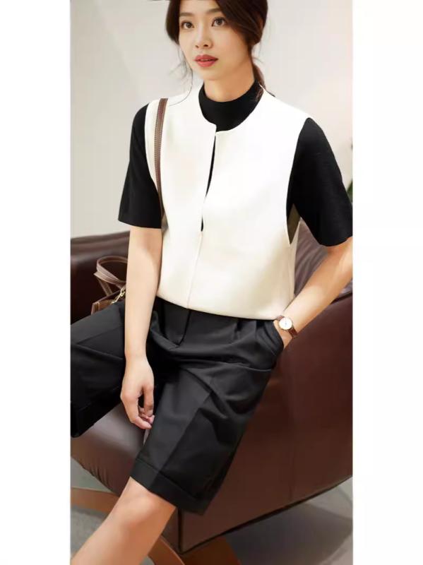 ベスト レディース ウール 半袖 Vネック レイヤード 重ね着 ノースリーブ アイボリー ブラック ゴールド 秋 普段使い 通勤 エレガント