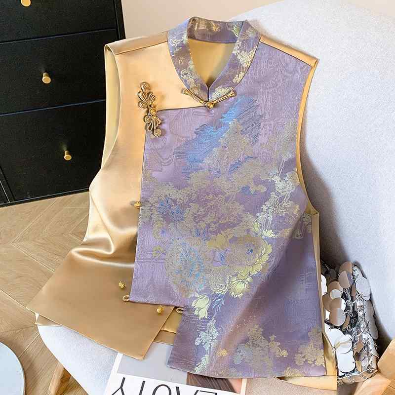 ベスト レディース 新チャイナ風 レトロ マージャンボタン 提花 唐風 改良 チョッキ ヴィンテージ ポリ..