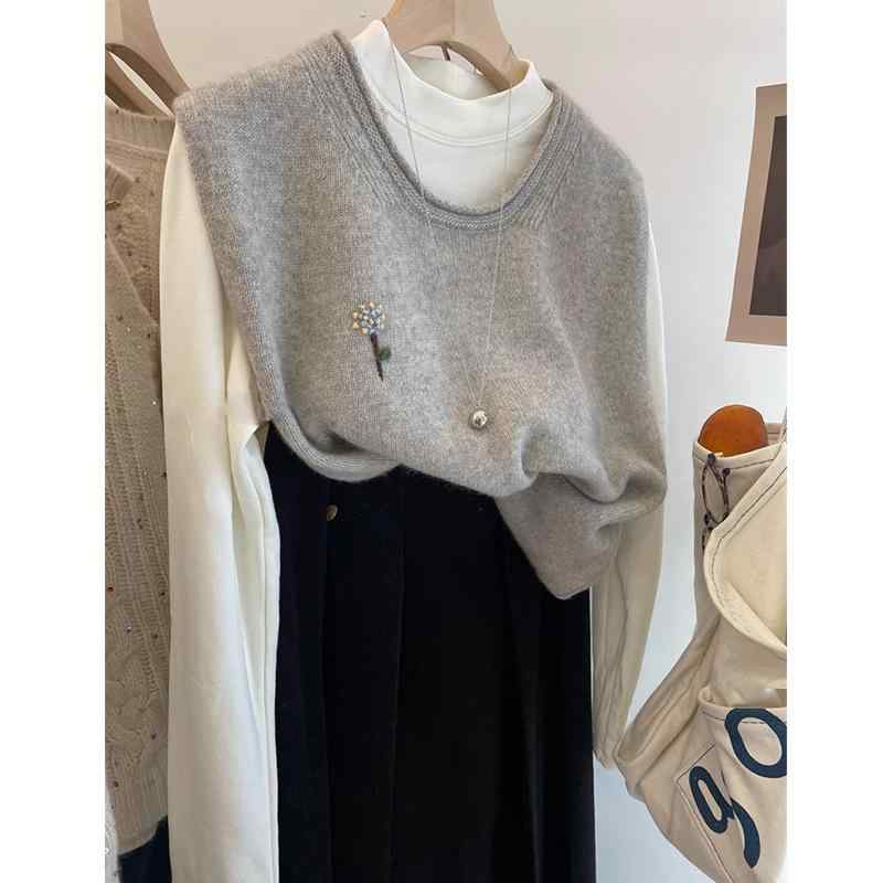 ニットベスト レディース 秋冬 あったか レイヤード 重ね着 ゆったり かわいい おしゃれ チュニック丈 ウール トップス 通勤 オフィス カジュアル グレー アイボリー
