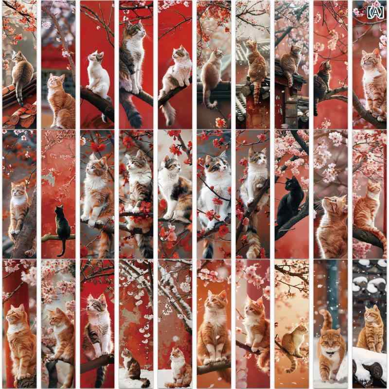 紫 禁 城と 猫の ブック マーク 60枚 - かわいい オレンジの 花柄の DIY デスク トップ カード ジャーナル.カラフルカラーオシャレ