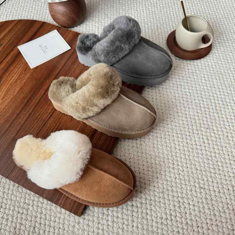 サンダル レディース 厚底 ムートン スリッパ ファー シューズ あったか 防寒 外履き 羊毛 一体型 ラウンドトゥ 栗色 羚羊棕 グレー 秋冬